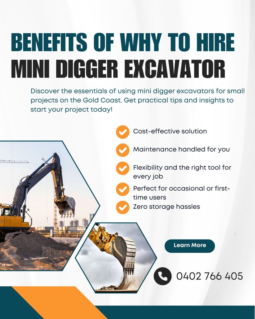 Mini digger Gold Coast, mini excavator digging trench, Kubota U17 for hire, stump removal excavator, Gold Coast excavator hire
