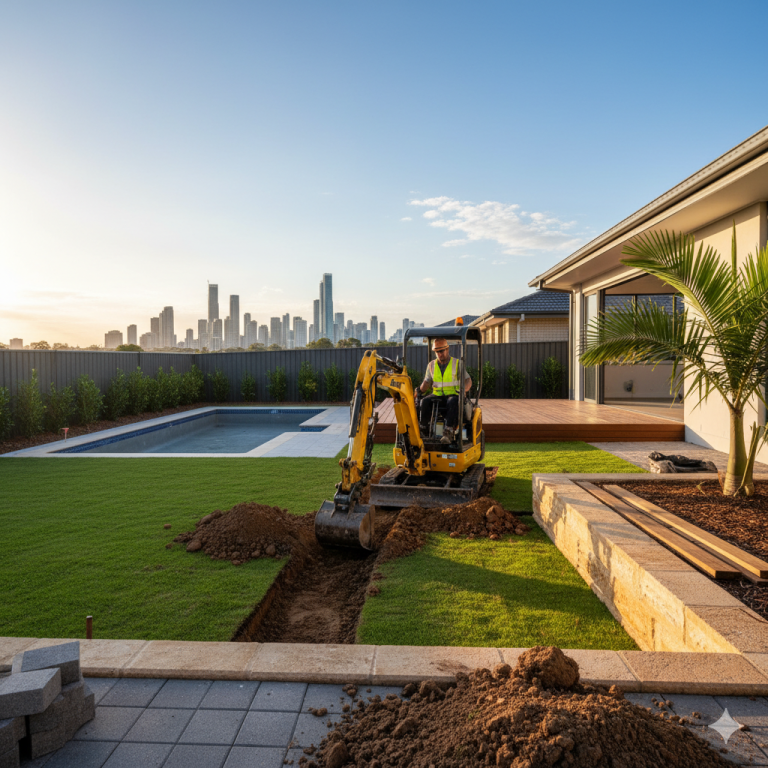 A mini digger excavator with an operator digging a trench in a well-maintained Gold Coast backyard, with a swimming pool, modern home