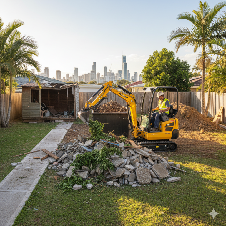 A mini digger excavator with an operator clearing demolition debris