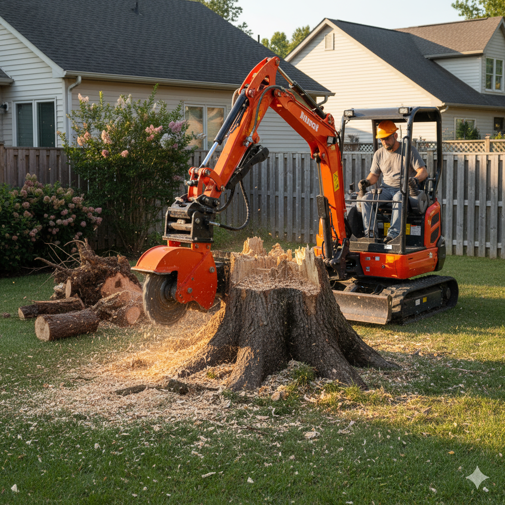 Mini excavator with a stump grinder attachment removing a large tree stump in a yard.