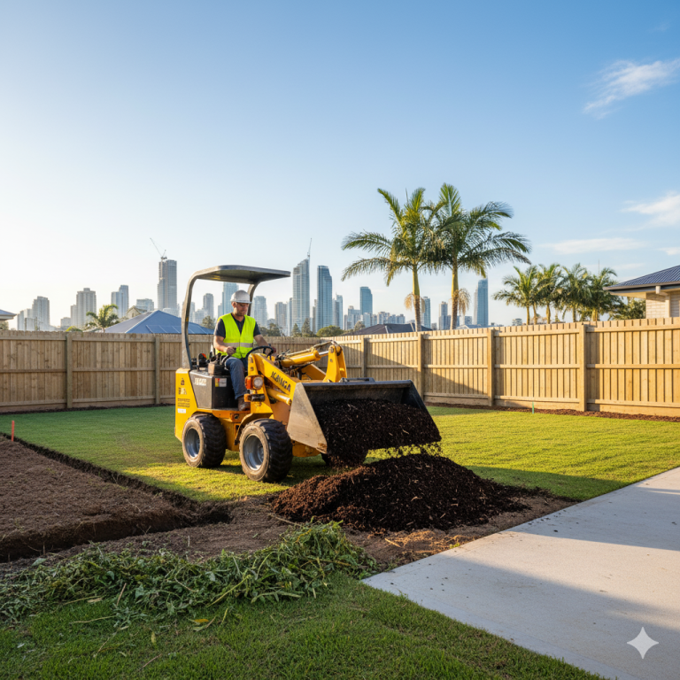 Operator using mini loader for landscaping near a pool, Mini loader moving soil in a Gold Coast backyard, Tight access mini loader working on a Gold Coast home