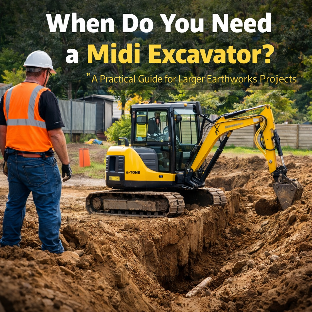 Midi excavator digging a deep trench at a residential construction site, showing when you need a midi excavator for larger earthworks projects.