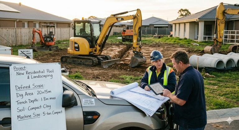 Compact excavator working in a suburban backyard, highlighting compact excavators for residential projects such as trenching and landscaping.