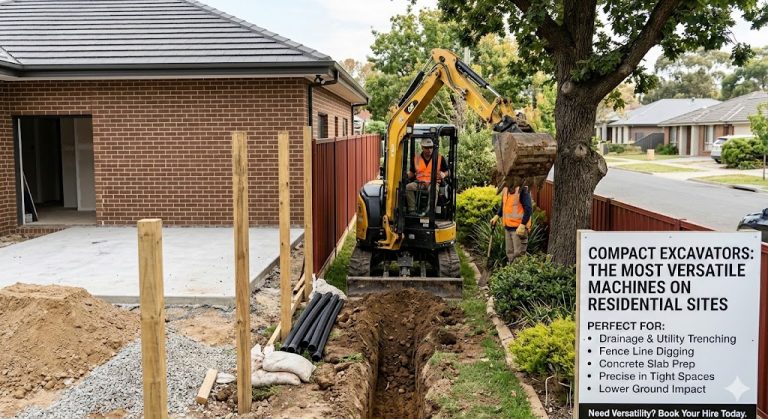 Compact excavator performing drainage excavation, representing compact excavator hire for medium-scale projects in residential construction.