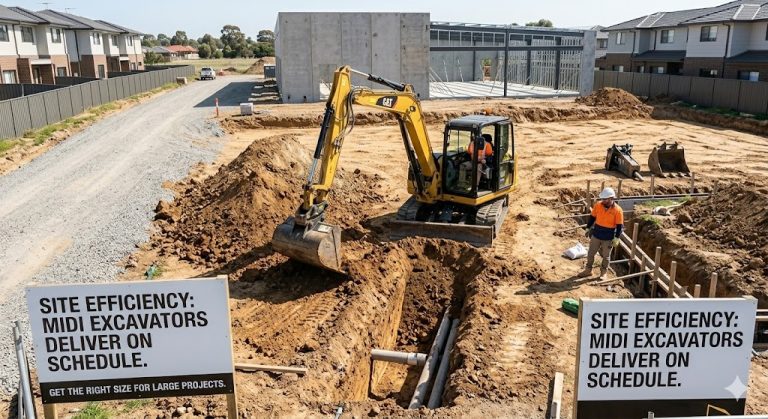 Comparison of excavators on a construction site demonstrating the importance of choosing the right excavator size for efficient earthworks.