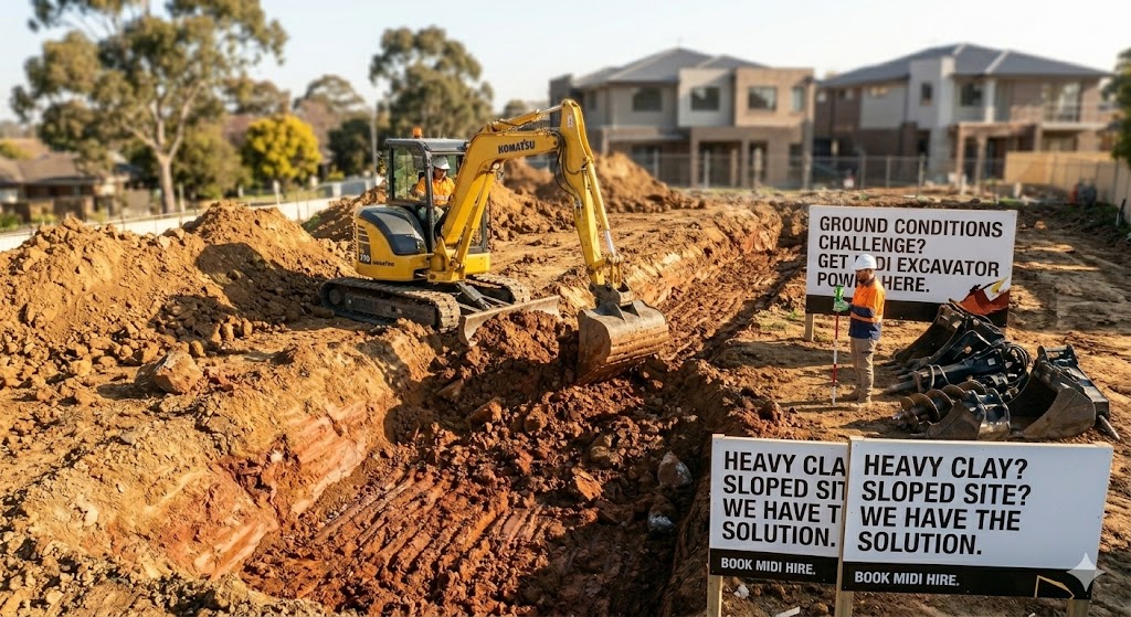 Midi excavator operating on rocky and clay soil terrain, illustrating how ground conditions for excavation demand greater machine power.